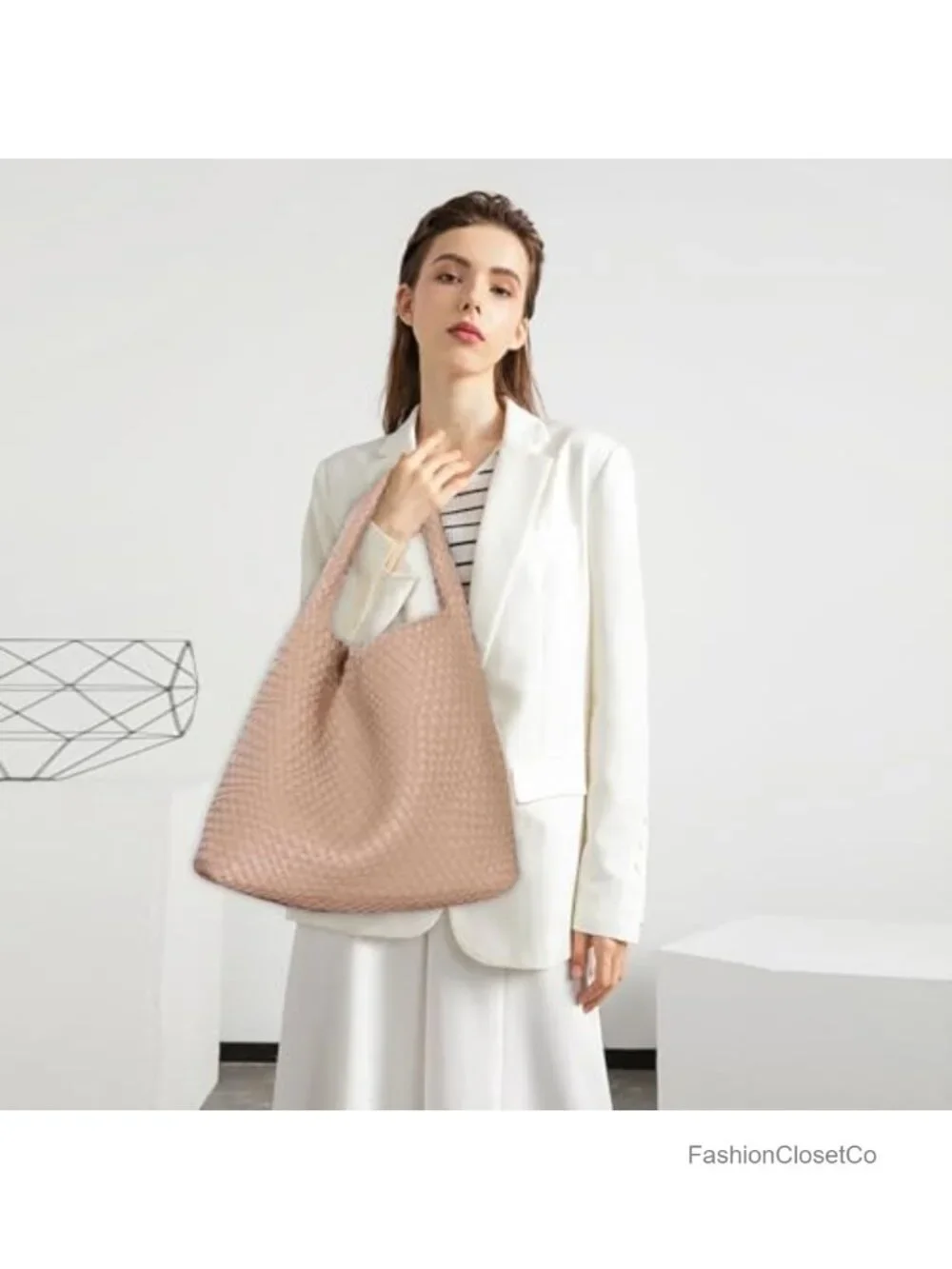 Woven Tote Bag with Faux Leather, Fashion Hobo Handbag, Travel Shoulder Bag,